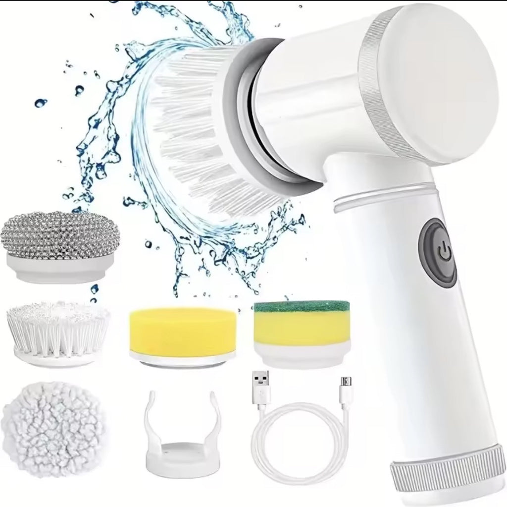 White cordless electric spin scrubber with brush heads and USB cable