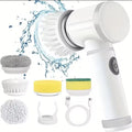 White cordless electric spin scrubber with brush heads and USB cable