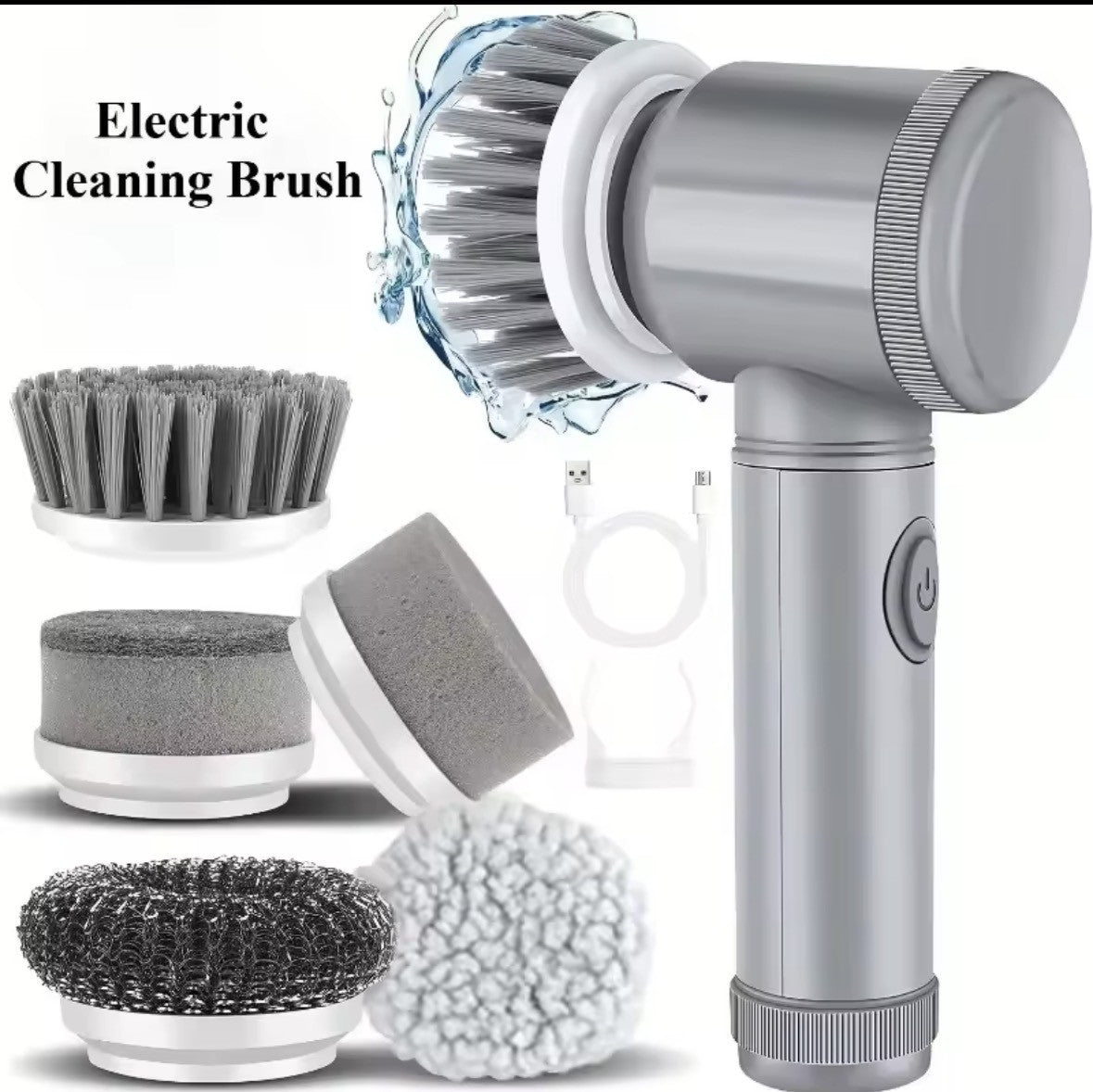 Grey cordless electric spin scrubber with brush heads and USB cable