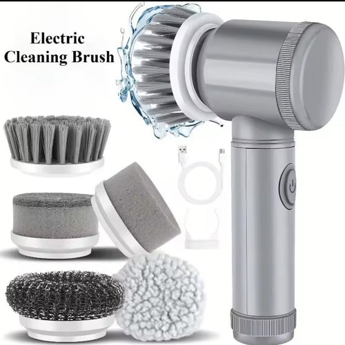 Grey cordless electric spin scrubber with brush heads and USB cable