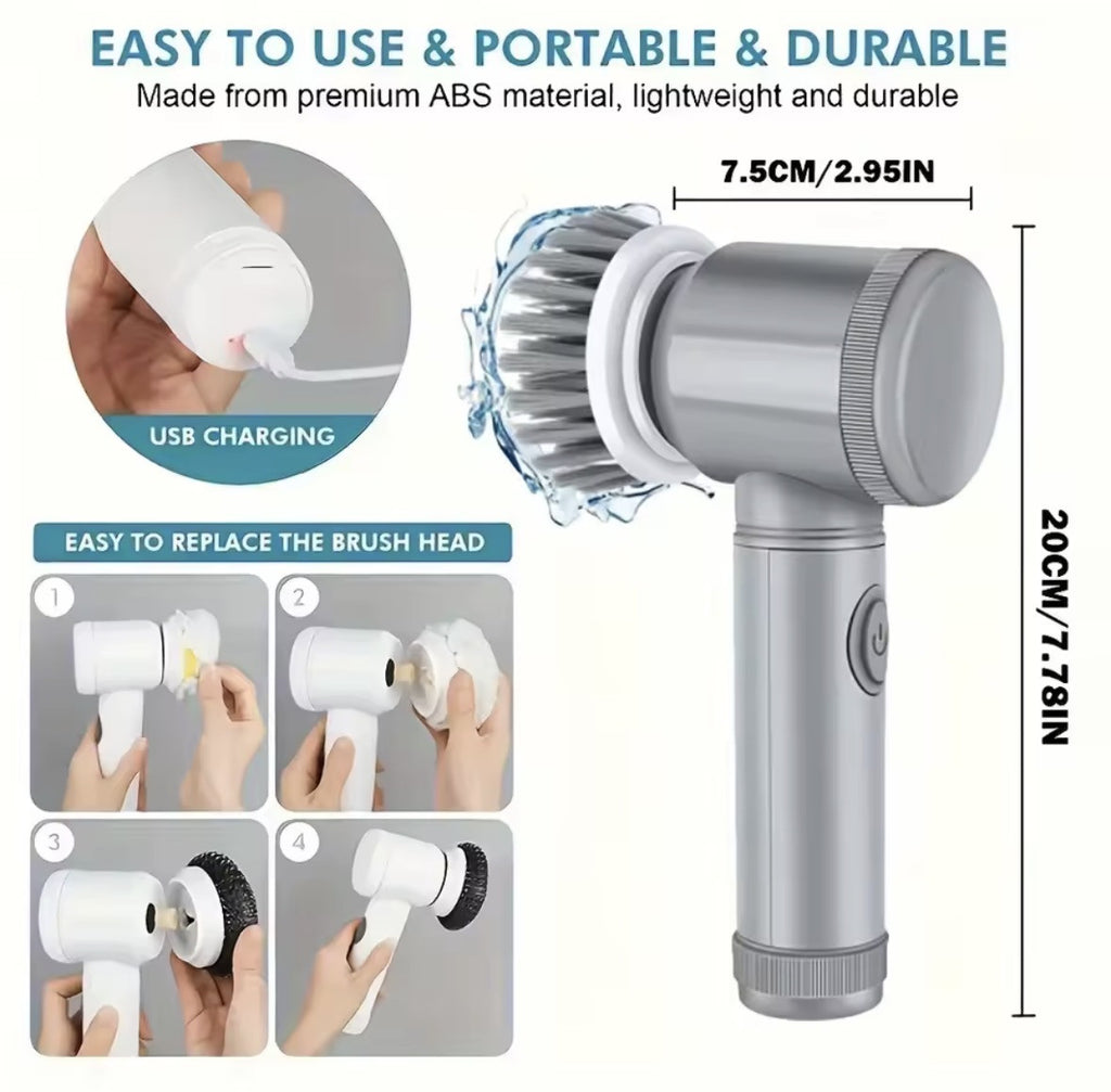 Spin scrubber size, USB charging and brush head replacement steps