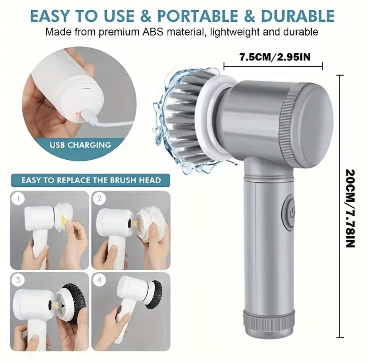 Spin scrubber size, USB charging and brush head replacement steps